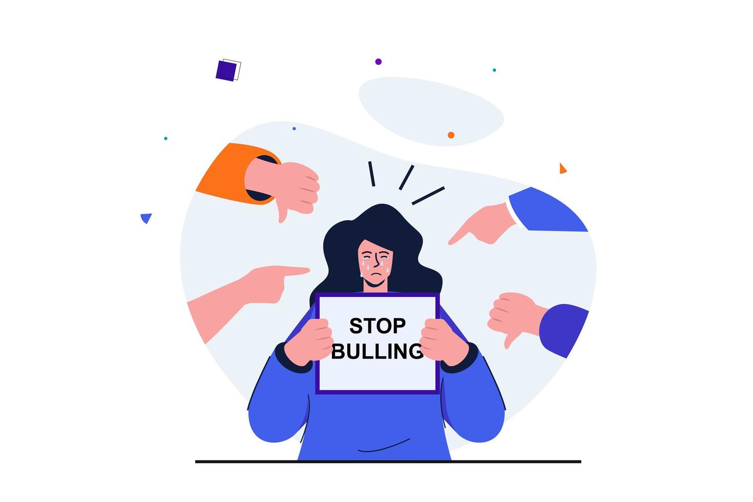 Bullying modern flat concept for web banner design. Crying girl holds poster with Stop Bullying text surrounded by hands with negatively pointing at her. Vector illustration with isolated people scene