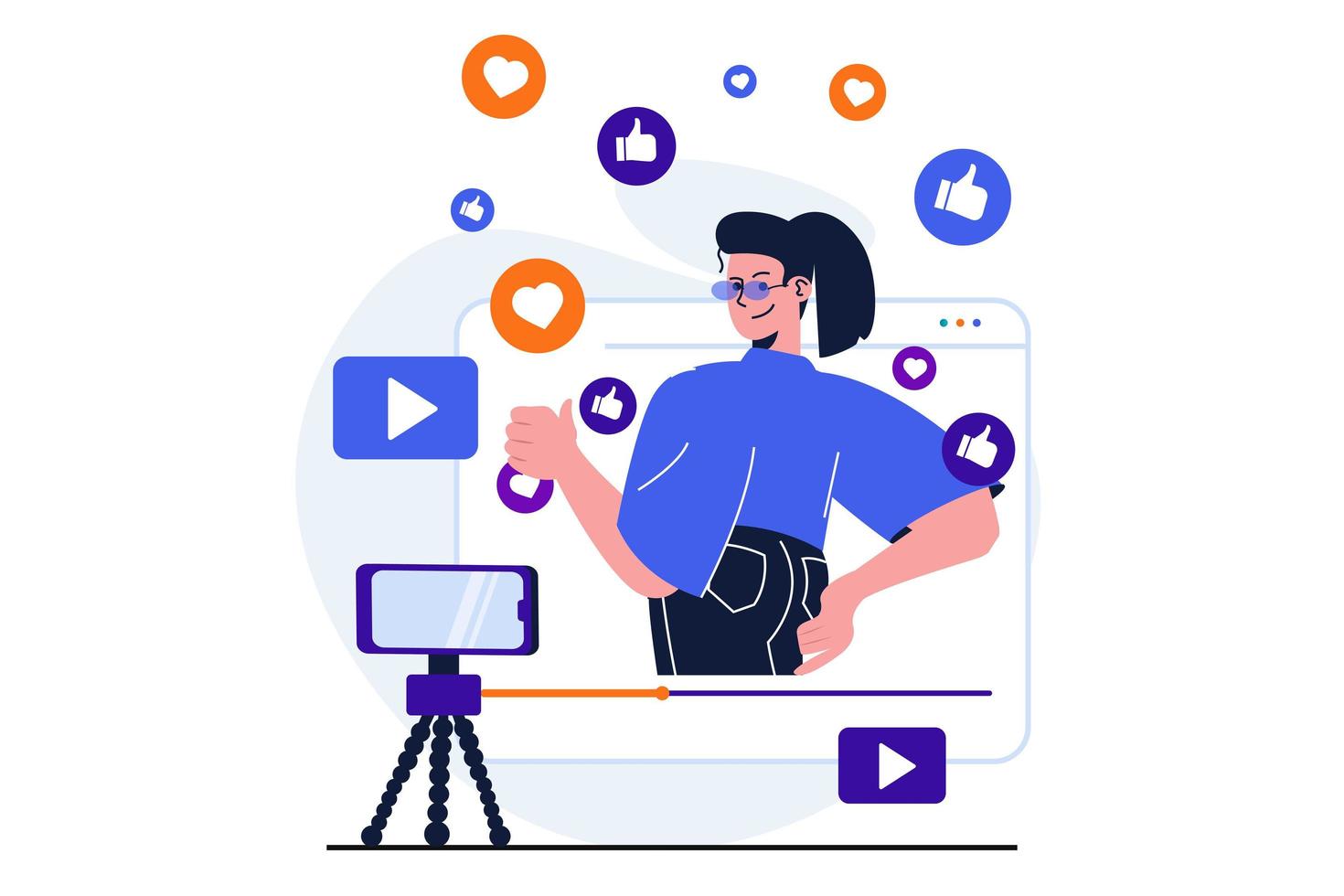Video blogging modern flat concept for web banner design. Woman records video on mobile phone, publishes content and attracts new audience to blog. Vector illustration with isolated people scene