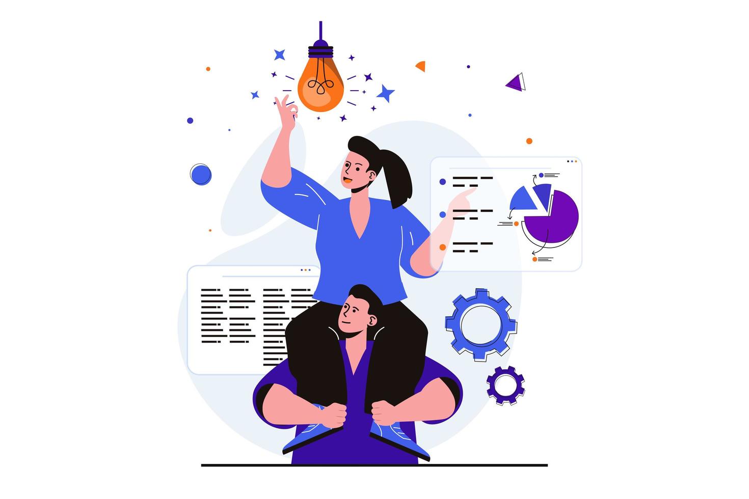 Teamwork modern flat concept for web banner design. Employees brainstorm and implement new idea on project, support each other and work together. Vector illustration with isolated people scene