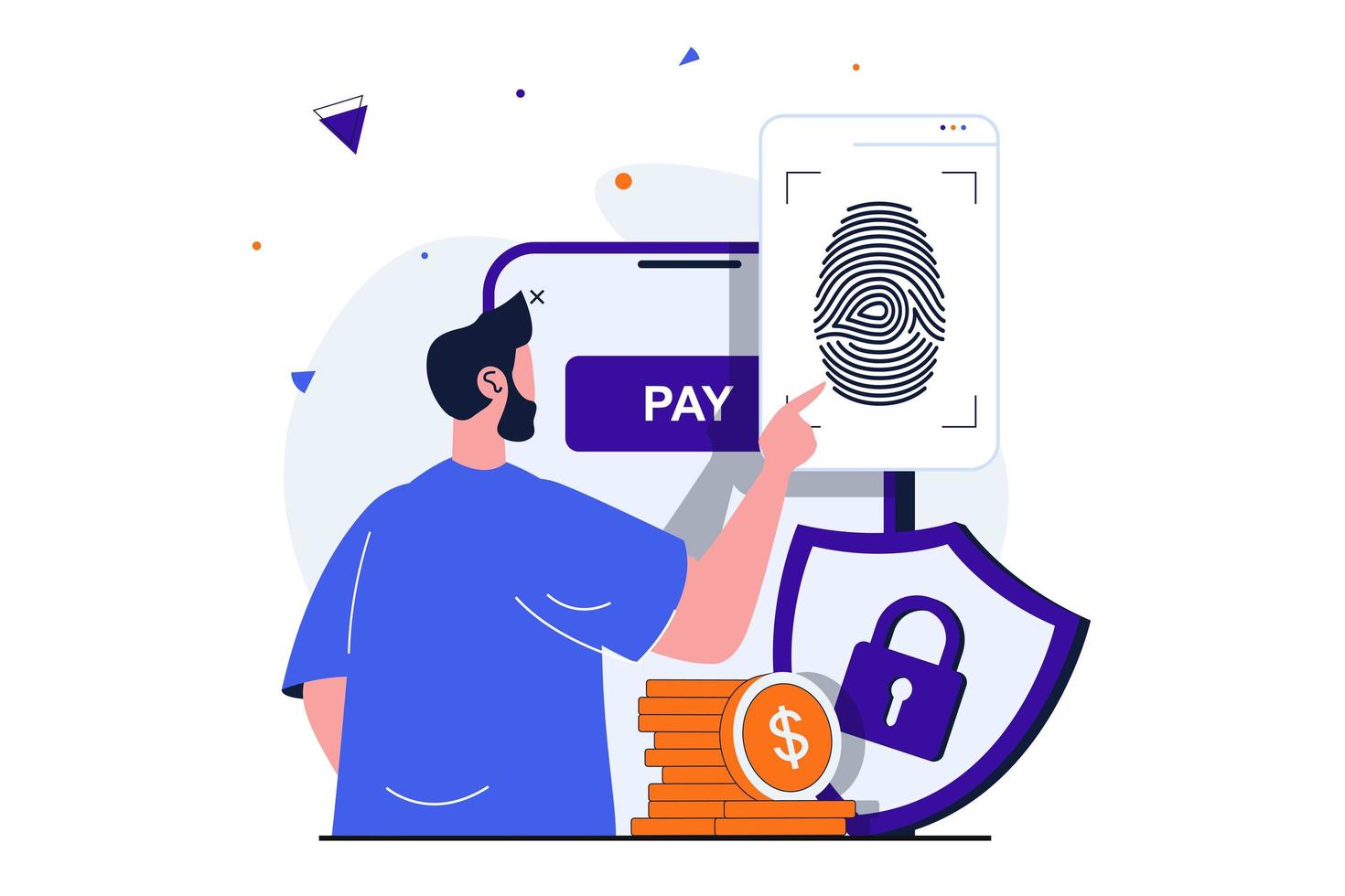Secure payment modern flat concept for web banner design. Man makes online payment confirming his identity with fingerprint. Protection of transactions. Vector illustration with isolated people scene