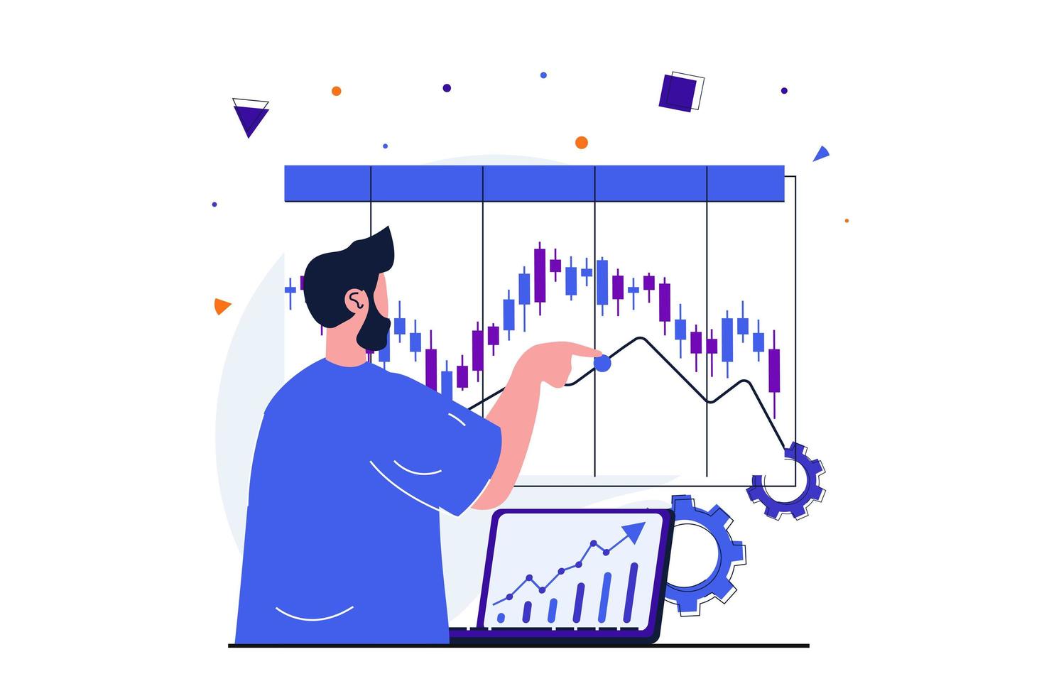 concepto plano moderno del mercado de valores para el diseño de banner web. hombre que investiga estadísticas y tendencias, presupuesto contable, desarrolla estrategia financiera e invierte. ilustración vectorial con escena de personas aisladas vector