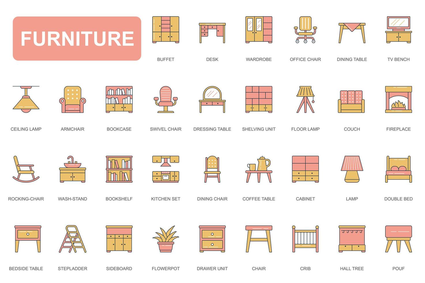 conjunto de iconos de línea simple de concepto de muebles. paquete de pictogramas de contorno de buffet, escritorio, armario, lámpara, mesa, sofá, sillón, estantería, chimenea y otros. elementos vectoriales para aplicaciones móviles y diseño web vector