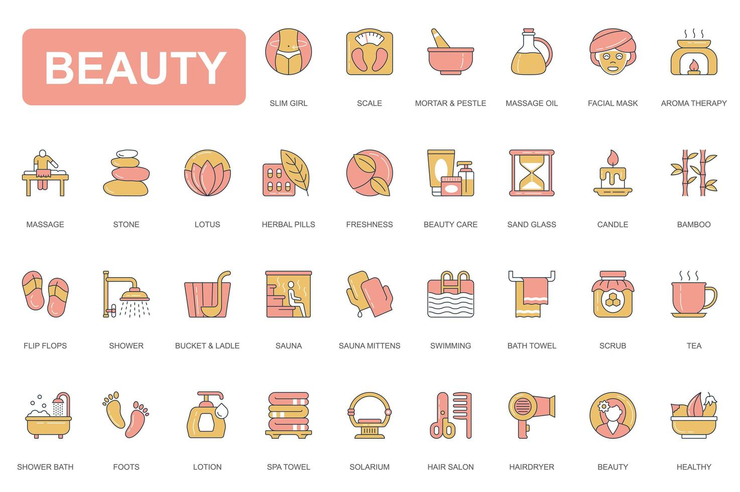 Beauty concept simple line icons set. Pack outline pictograms of slim girl, scale, massage oil, aromatherapy, herbal, candle, sauna, solarium and other. Vector elements for mobile app and web design