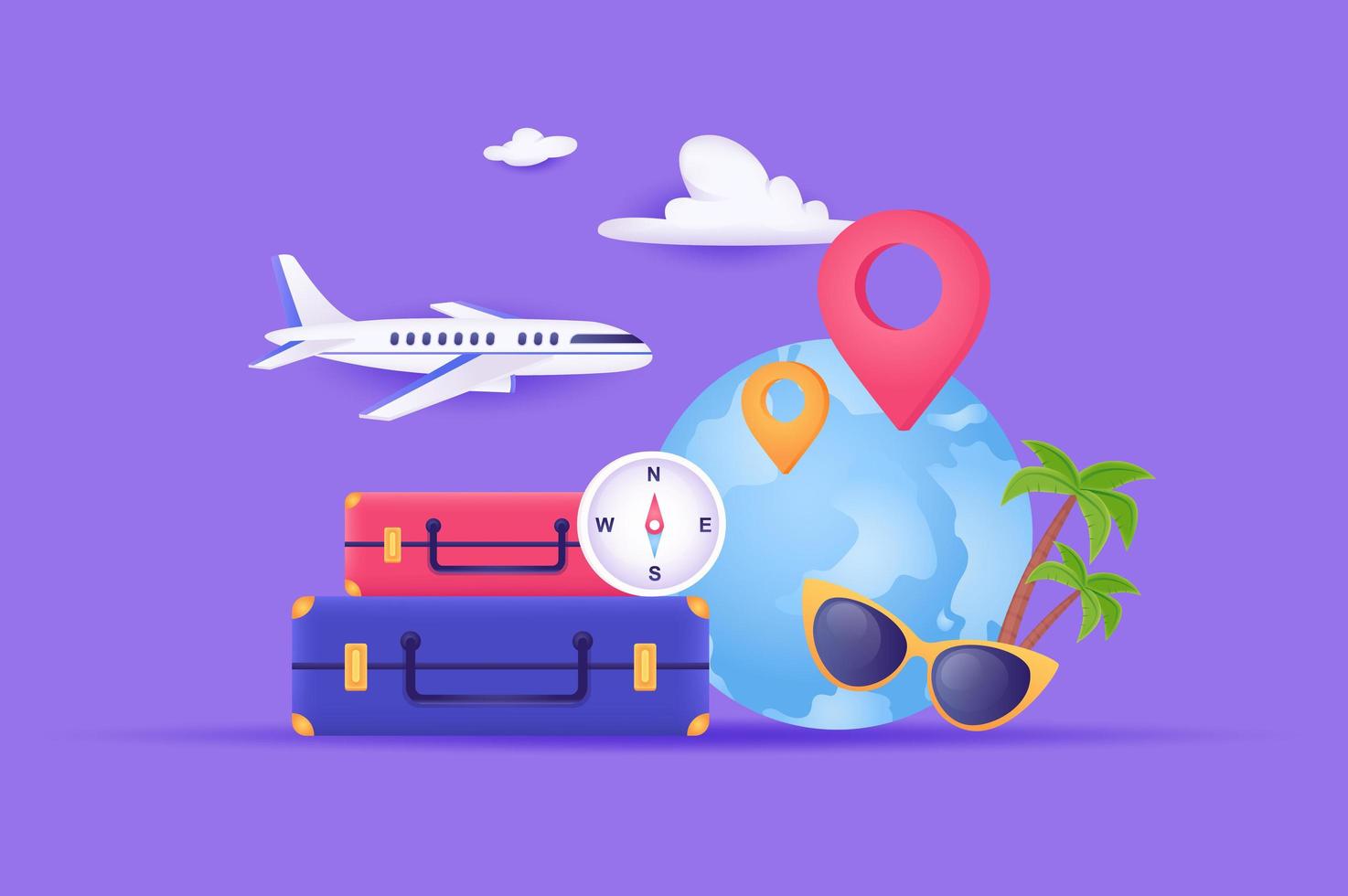 viajar e ir de vacaciones concepto 3d ilustración. composición de íconos con maletas de pasajeros, brújula, avión, turismo global, balneario, pines de ubicación. ilustración vectorial para diseño web moderno vector