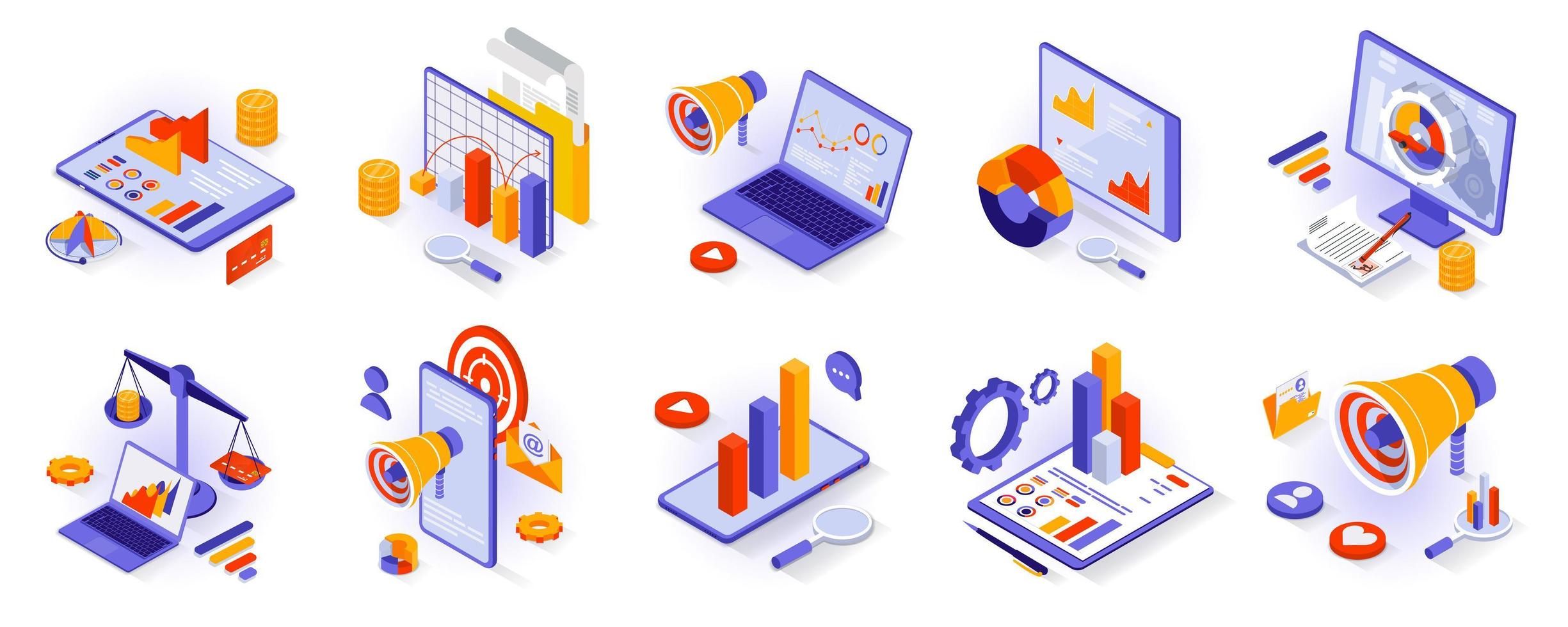 Business and marketing concept isometric 3d icons set. Market research and statistics, data analytics, customer attraction, promotion and advertising isometry isolated collection. Vector illustration