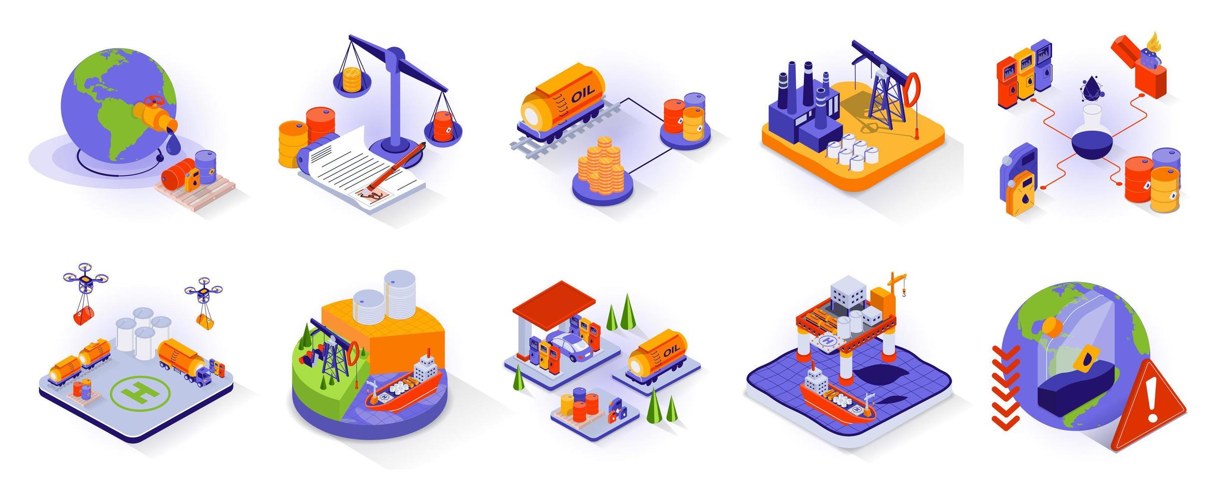 Oil and Industry concept isometric 3d icons set. Global oil trading, storage and distribution isometry isolated collection. Factory equipment, production technology and other. Vector illustration