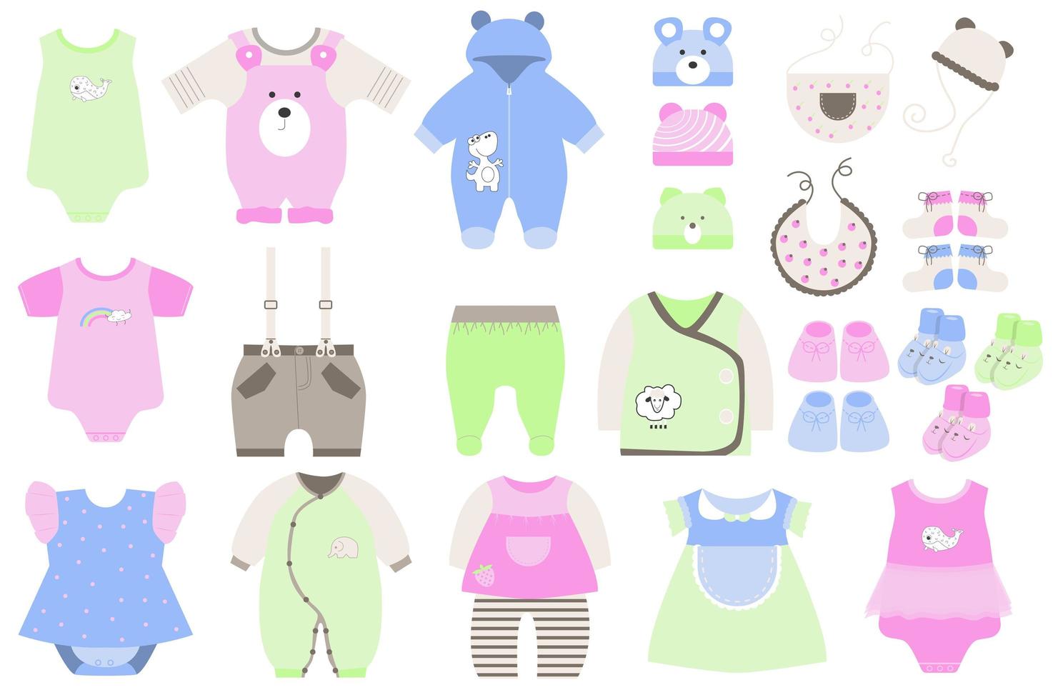 ratón o rata Leeds Productivo lindos zapatos y ropa de bebé en un diseño plano de dibujos animados.  armario infantil para niño y niña. bodys, vestidos, mamelucos, camisas,  pantalones, gorros y otros elementos aislados. ilustración vectorial 5868093