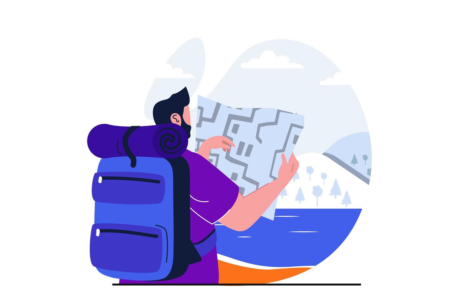 viajar concepto plano moderno para diseño de banner web. turista masculino con mochila mirando el mapa con ruta de trekking, caminatas y descanso para acampar al aire libre. ilustración vectorial con escena de personas aisladas vector