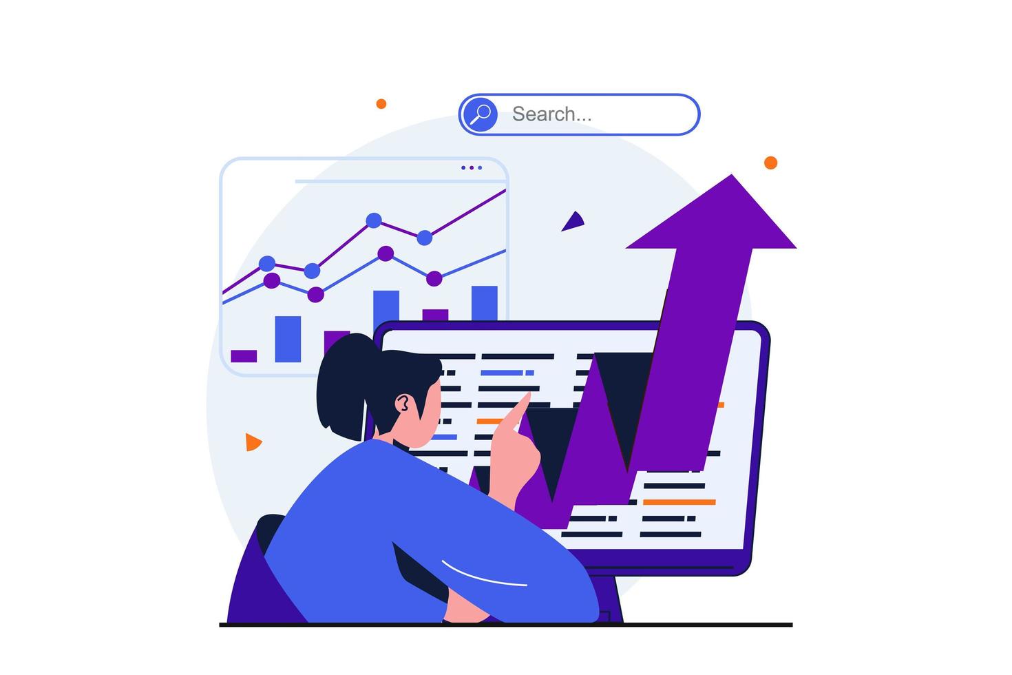 Seo analysis modern flat concept for web banner design. Man with magnifier analyzes data and search results, improves rankings and optimizes site. Vector illustration with isolated people scene