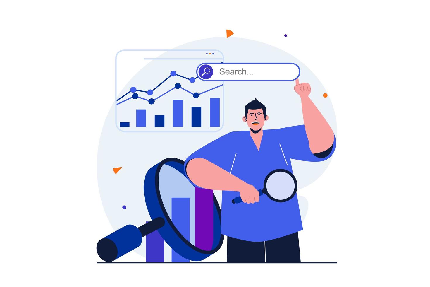 Seo analysis modern flat concept for web banner design. Man with magnifier settings search engine, analyzes statistics data and optimizes website. Vector illustration with isolated people scene