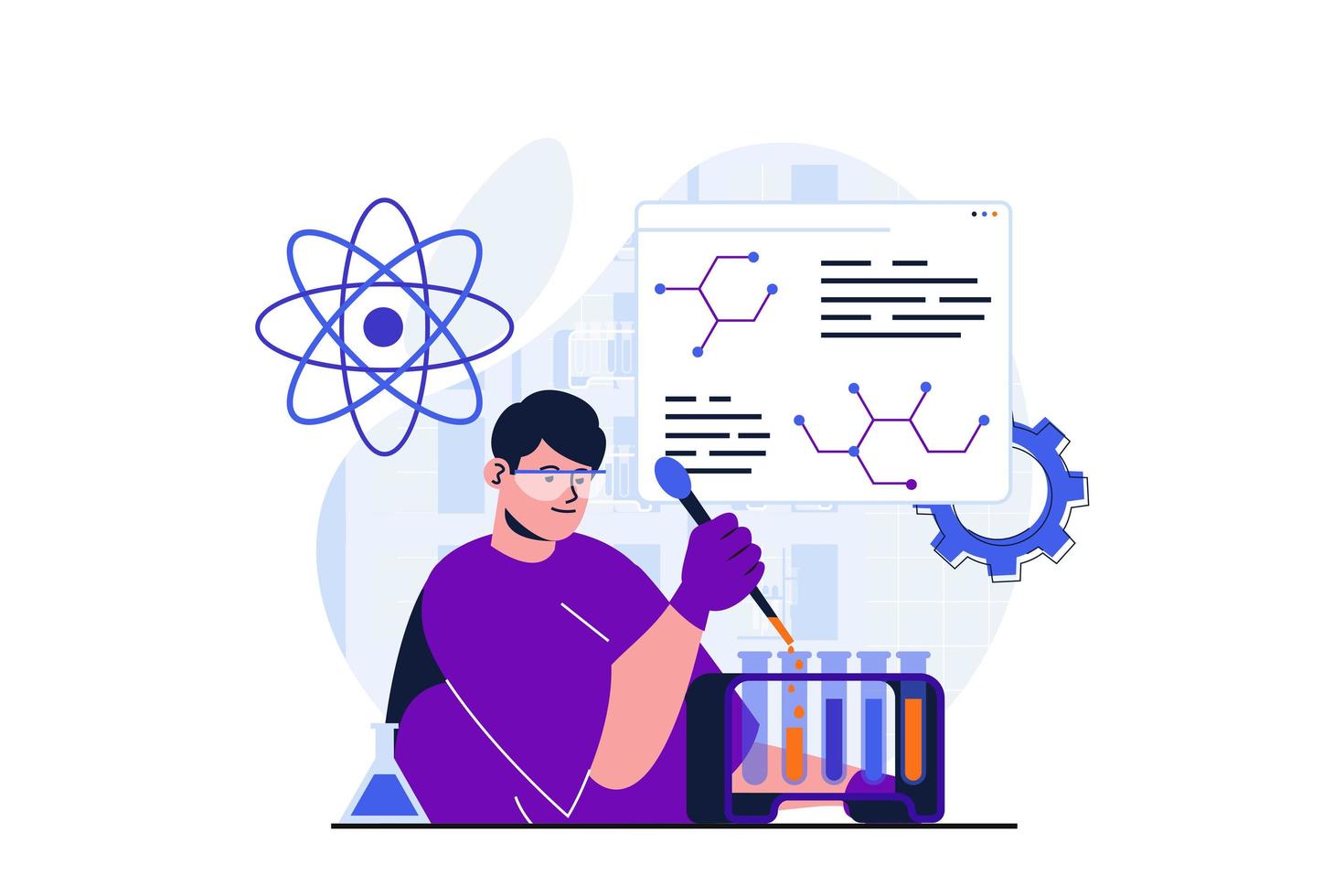 Science research modern flat concept for web banner design. Man drips liquid from pipette into test tubes, makes experiment, discoveries in laboratory. Vector illustration with isolated people scene
