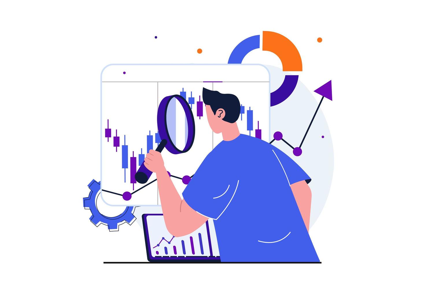 Stock market modern flat concept for web banner design. Man with magnifier analyzes statistic, creates success investment strategy and increases profits. Vector illustration with isolated people scene