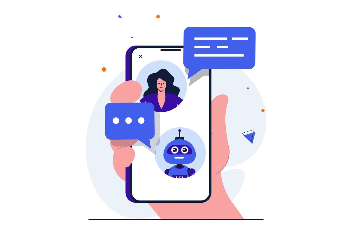 Virtual assistant modern flat concept for web banner design. Woman is chatting with chat bot and looking for solution to problem with help of program. Vector illustration with isolated people scene