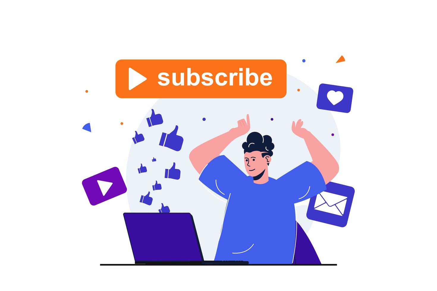 Video blogging modern flat concept for web banner design. Man develops blog and creates video content, collects lot of likes and new subscriptions. Vector illustration with isolated people scene