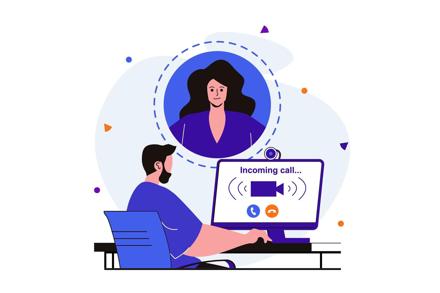 video chat moderno concepto plano para diseño de banner web. el hombre responde a la llamada entrante usando la computadora para una videoconferencia con la mujer. comunicación en línea. ilustración vectorial con escena de personas aisladas vector