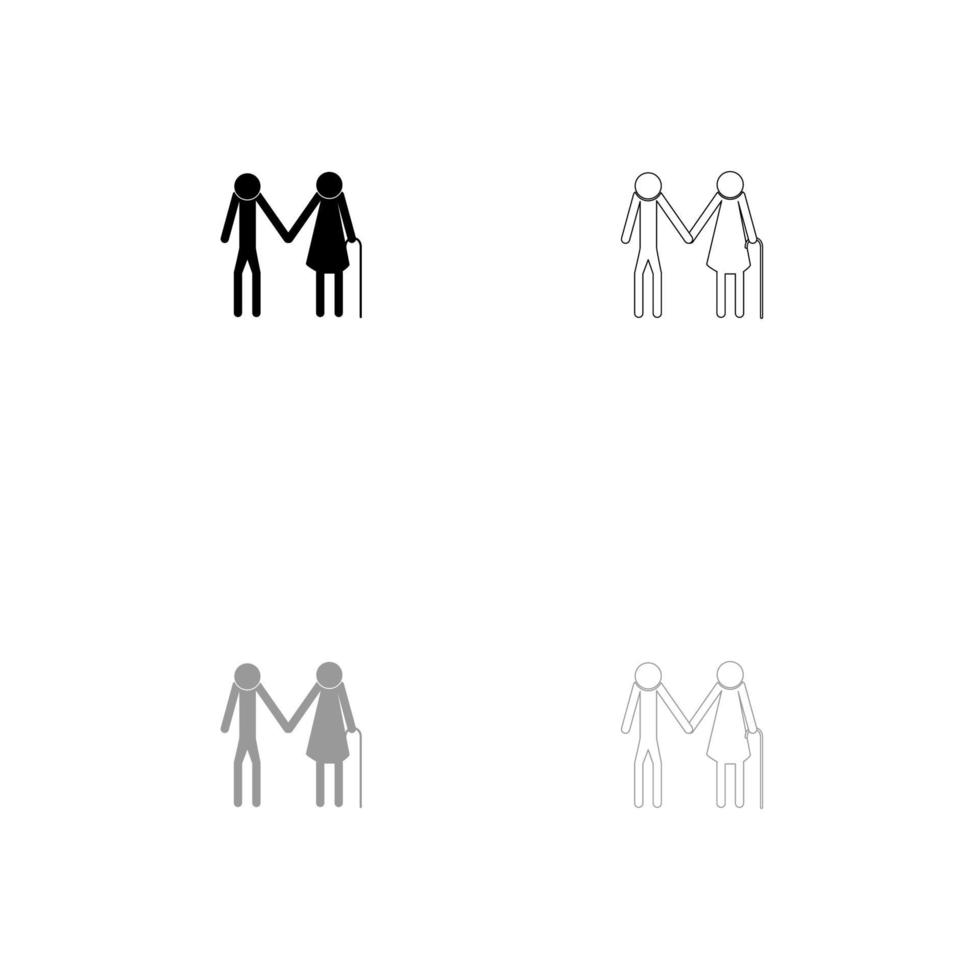 personas mayores palo conjunto icono blanco negro. vector