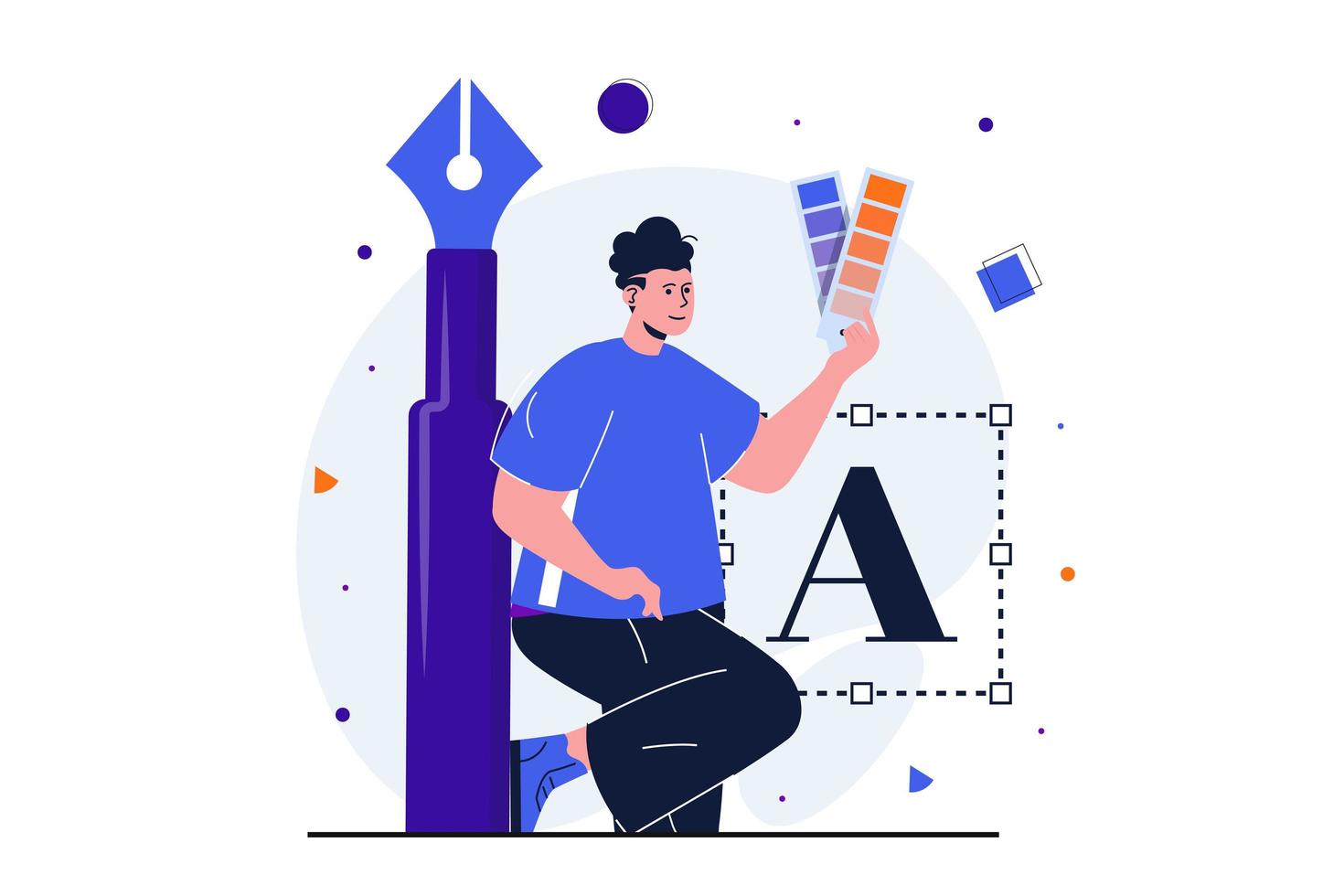 Designer studio modern flat concept for web banner design. Man illustrator stands near artist working tools, draws with pen and chooses colors palette. Vector illustration with isolated people scene