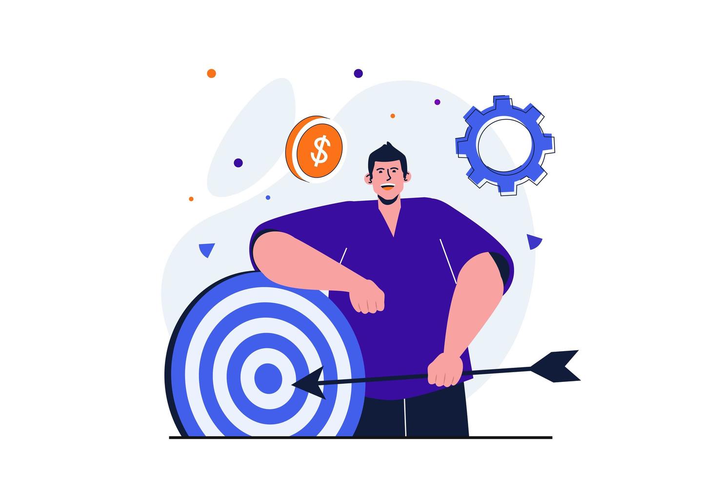 Business target modern flat concept for web banner design. Businessman holding arrow standing by dartboard. Financial success, motivation and leadership. Vector illustration with isolated people scene