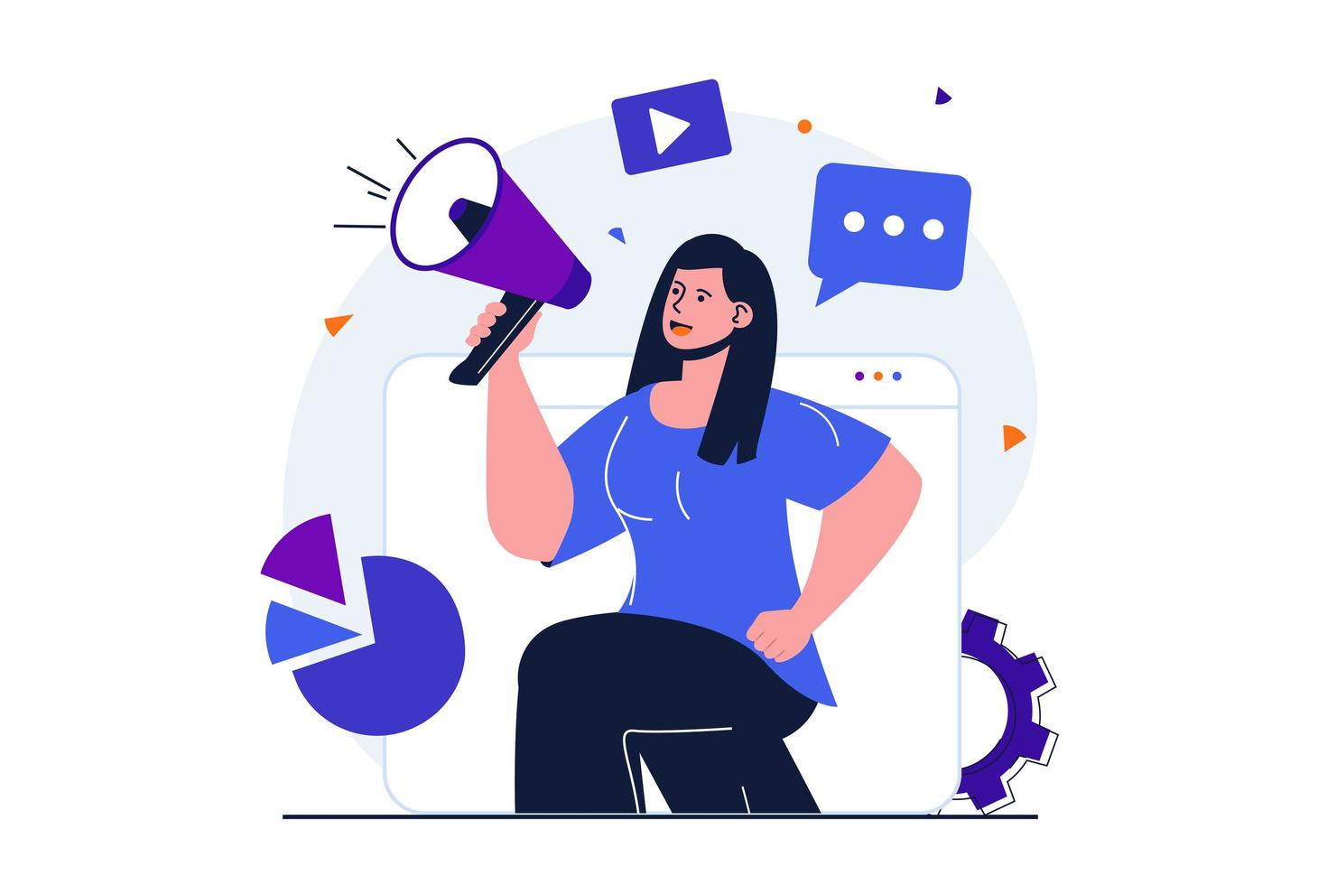 marketing moderno concepto plano para diseño de banner web. una comercializadora con megáfono hace un anuncio promocional y anuncia negocios en las redes sociales. ilustración vectorial con escena de personas aisladas vector