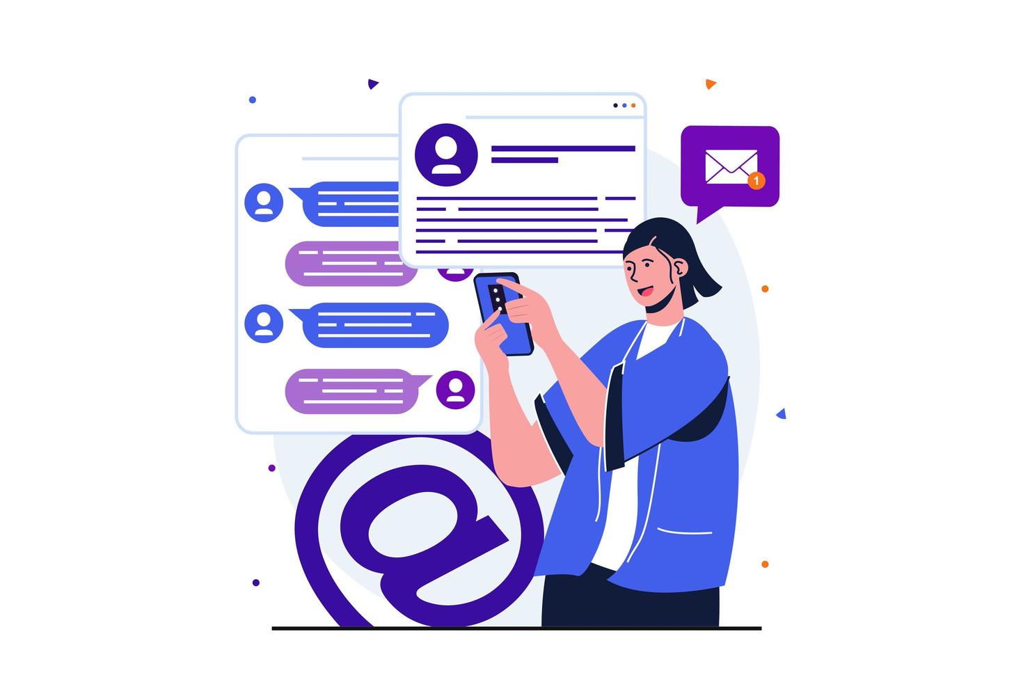 Email service modern flat concept for web banner design. Woman communicates online using chats, instant messengers and email, networking at mobile phone. Vector illustration with isolated people scene