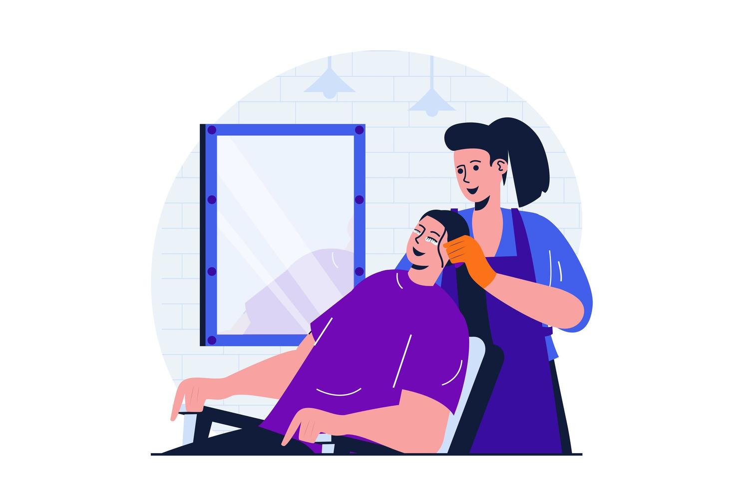 Beauty salon modern flat concept for web banner design. Woman hairdresser coloring hair of client. Female visitor enjoys care procedure sitting in chair. Vector illustration with isolated people scene