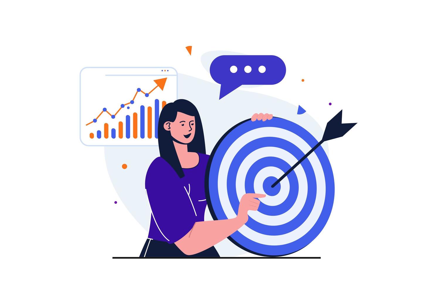 Business target modern flat concept for web banner design. Businesswoman holding dartboard with arrow, analyzing data and statistics, marketing research. Vector illustration with isolated people scene