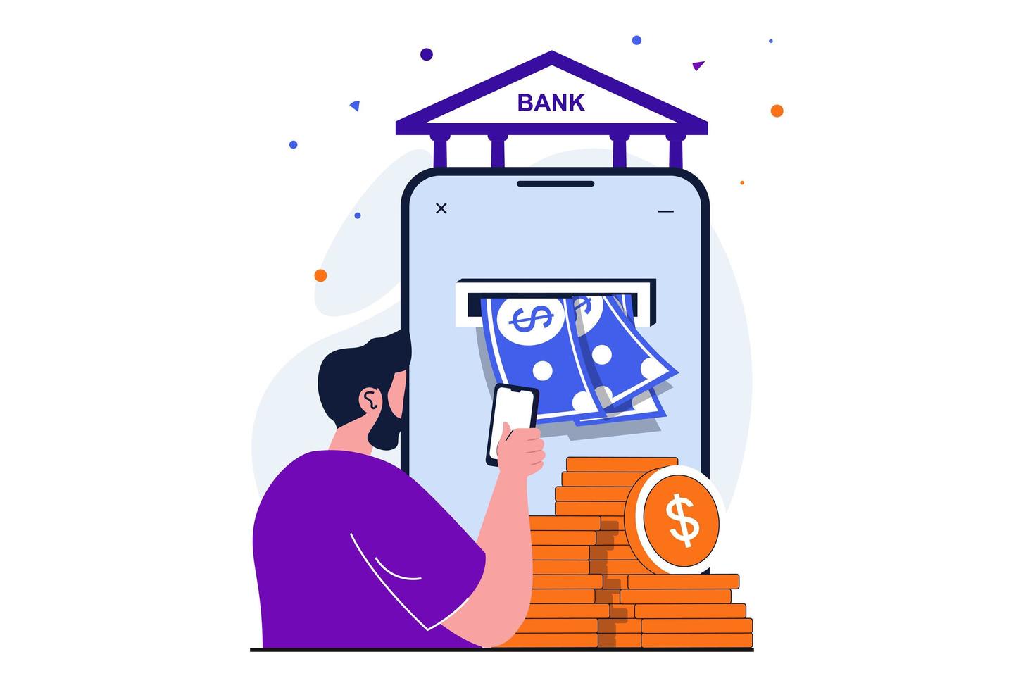 Mobile banking modern flat concept for web banner design. Man pays bills with cash and checks transfer using app. financial transactions management. Vector illustration with isolated people scene