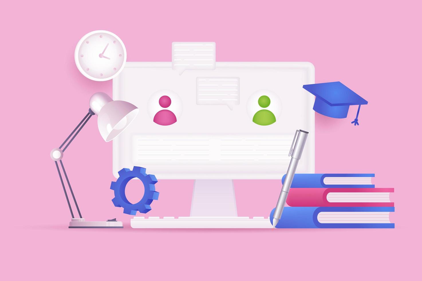 Ilustración 3d del concepto de aprendizaje y educación a distancia. composición de iconos con chat escolar en la pantalla de la computadora, libros de texto, sombrero de graduación, lámpara, bolígrafo, reloj. ilustración vectorial para diseño web moderno vector