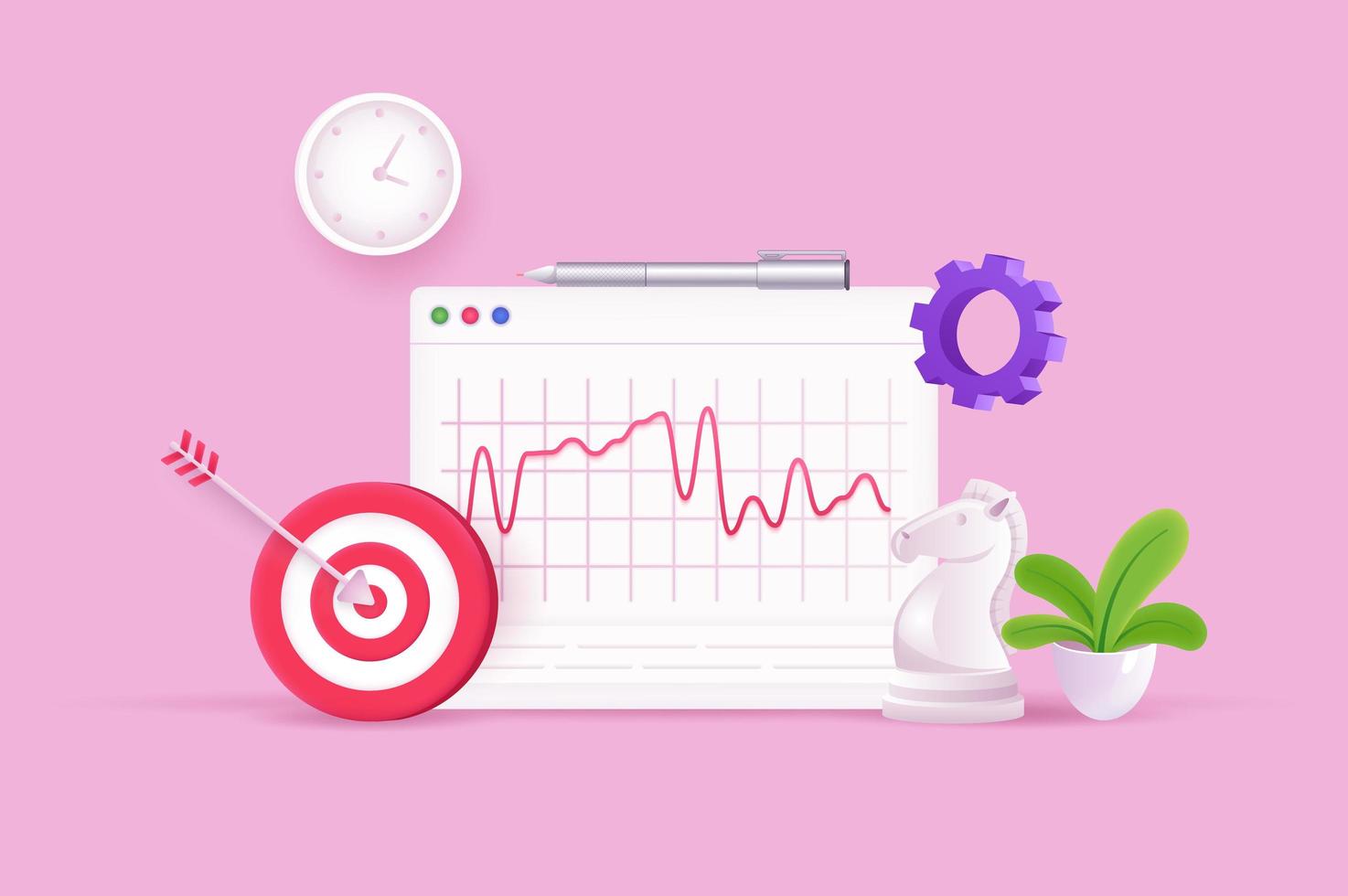 Business strategy and data analysis concept 3D illustration. Icon composition with graph, chess, aiming target, settings, clock. Success project development. Vector illustration for modern web design