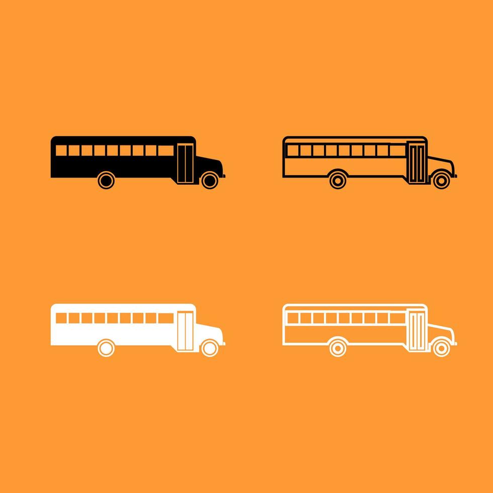 autobús escolar conjunto de iconos en blanco y negro. vector