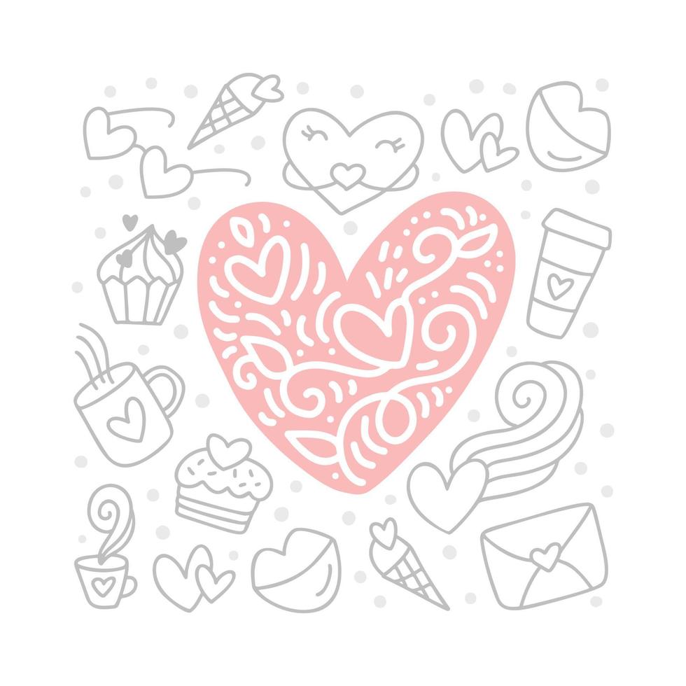 Love vintage heart in center with doodle vector elements. Hand drawn valentine poster envelope cake, cup. Romantic illustration quote greeting card template