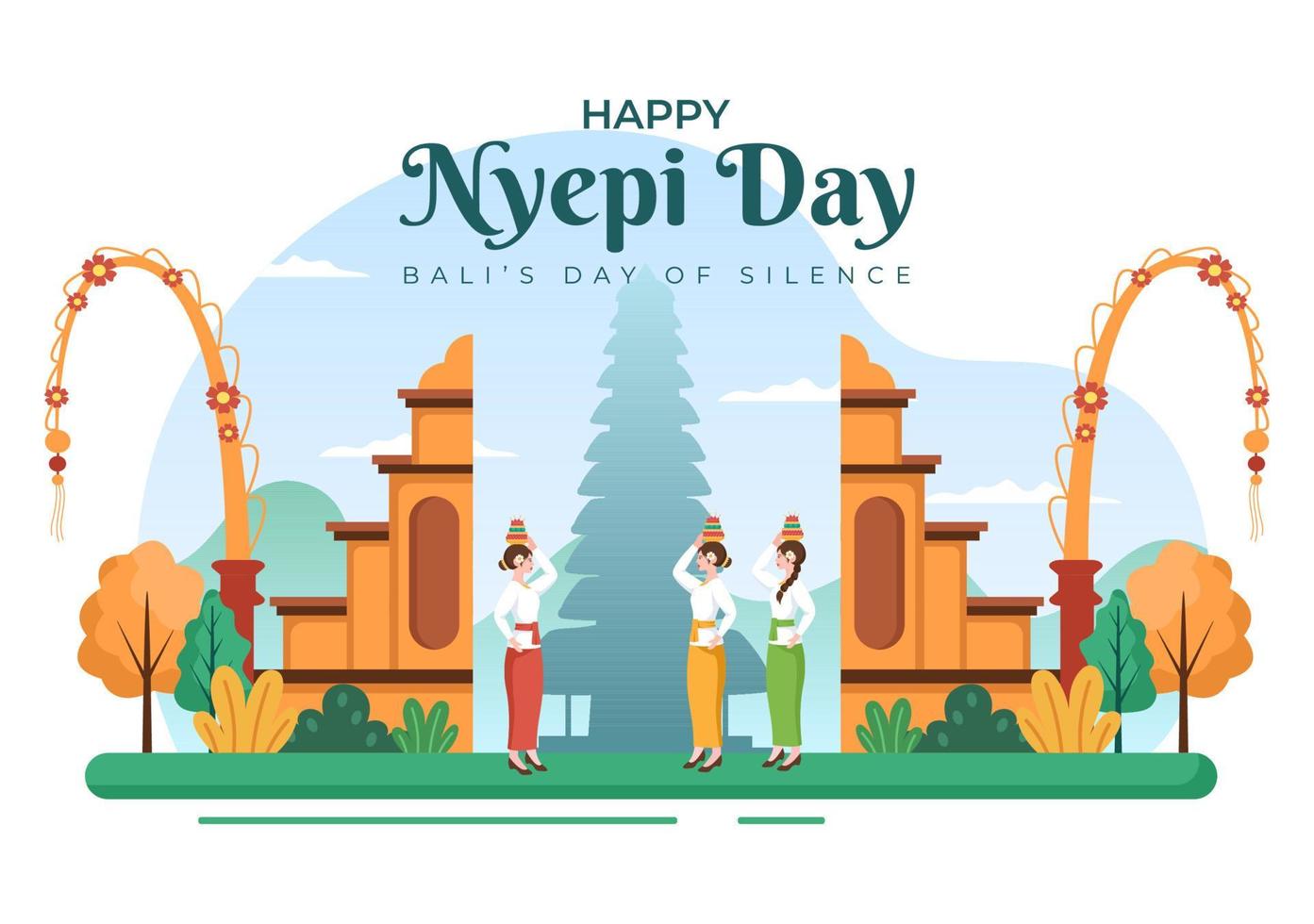 feliz día nyepi o silencio de bali para ceremonias hindúes en bali con galungan, kuningan y ngembak geni en el fondo de la ilustración del templo vector