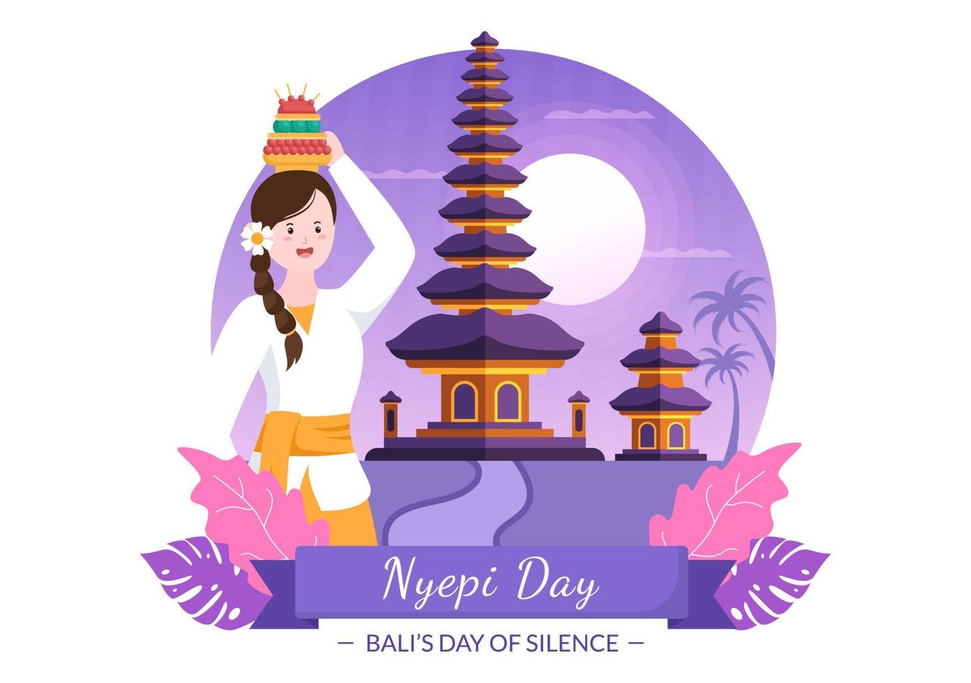 feliz día nyepi o silencio de bali para ceremonias hindúes en bali con galungan, kuningan y ngembak geni en el fondo de la ilustración del templo vector