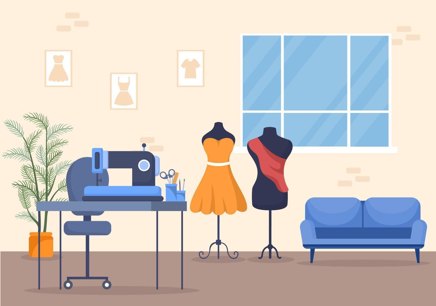 Tailor with Sewing, Cloth, Pincushion, Threads, Fashion Designer, Seamstress, Scissors and Measuring to Make Clothes in Flat Background Illustration vector