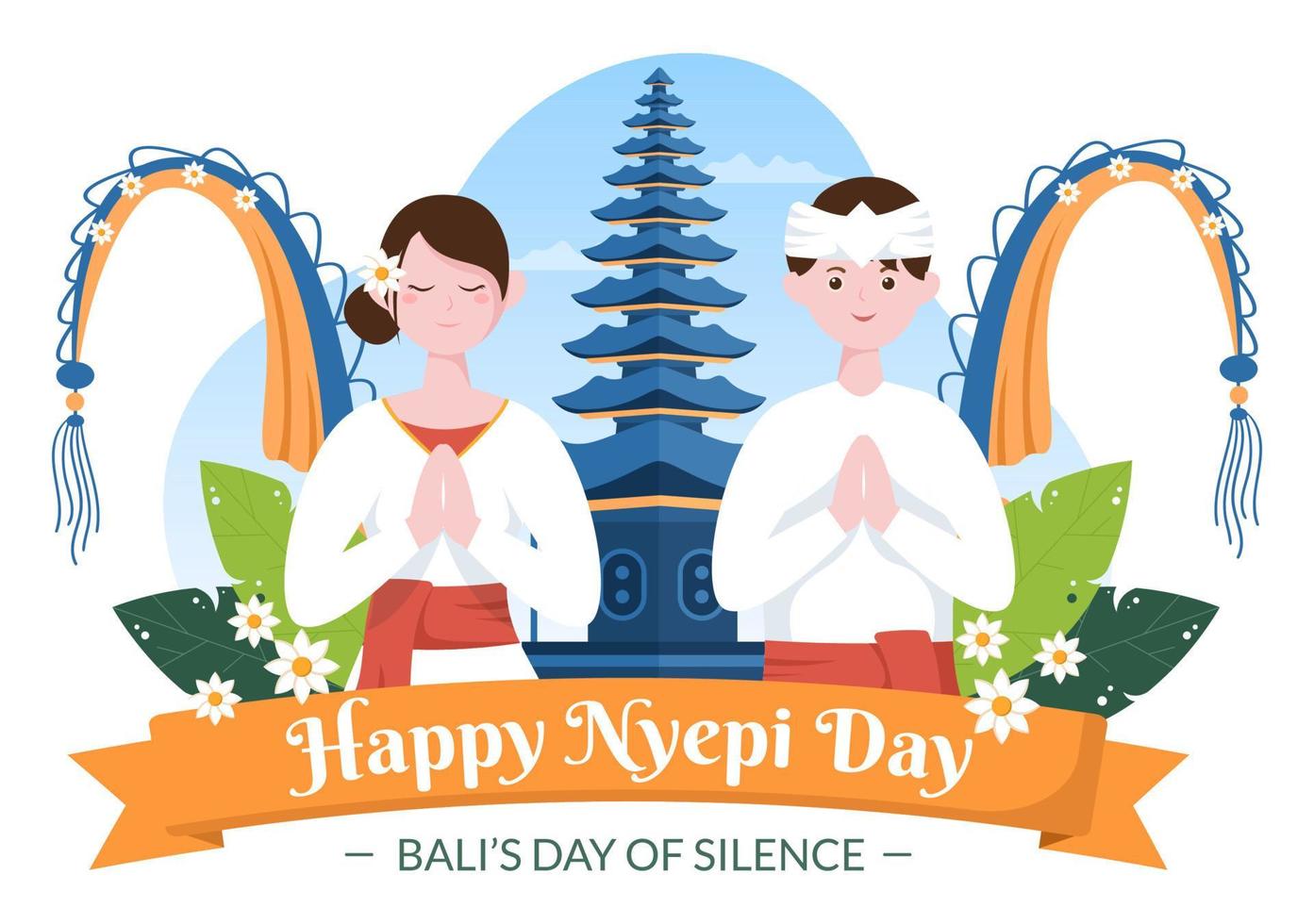 feliz día nyepi o silencio de bali para las ceremonias hindúes en bali con galungan, kuningan y ngembak geni en el fondo de la ilustración del templo vector