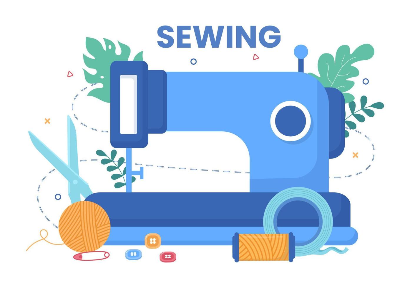 Tailor with Sewing, Cloth, Pincushion, Threads, Fashion Designer, Seamstress, Scissors and Measuring to Make Clothes in Flat Background Illustration vector