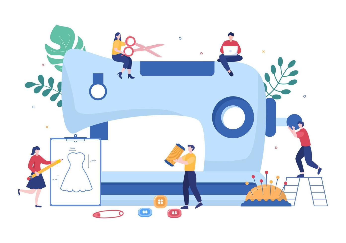 Tailor with Sewing, Cloth, Pincushion, Threads, Fashion Designer, Seamstress, Scissors and Measuring to Make Clothes in Flat Background Illustration vector
