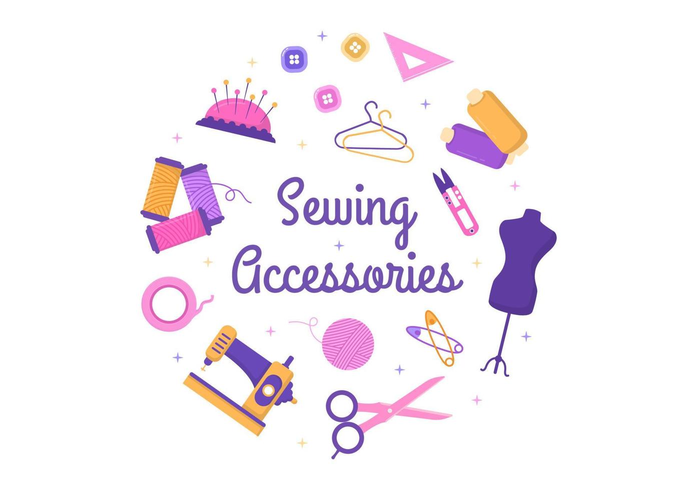 Tailor with Sewing, Cloth, Pincushion, Threads, Fashion Designer, Seamstress, Scissors and Measuring to Make Clothes in Flat Background Illustration vector