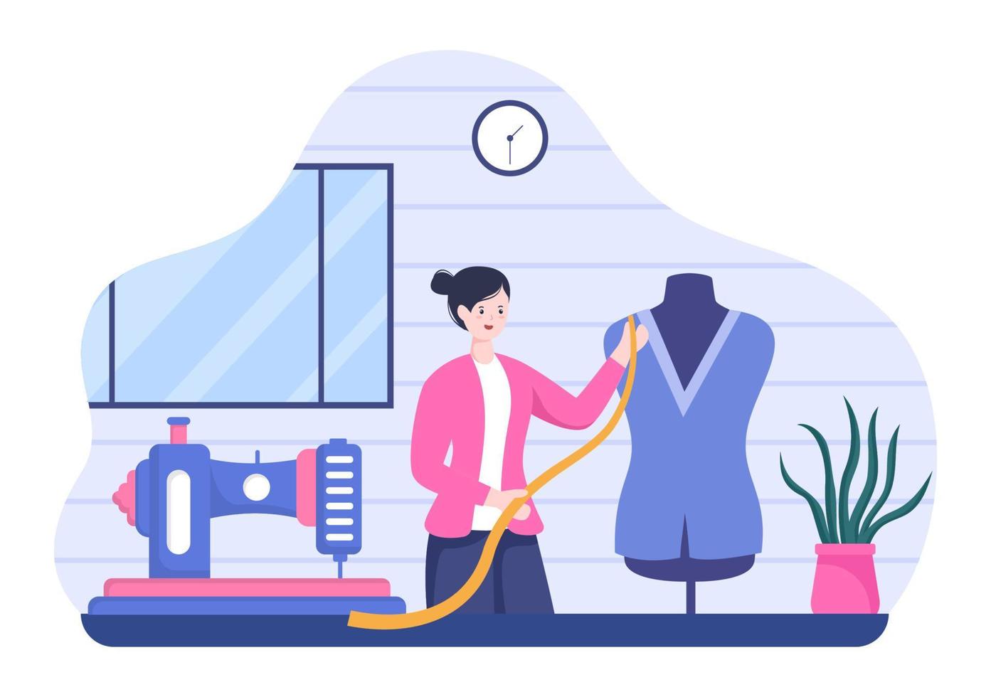 Tailor with Sewing, Cloth, Pincushion, Threads, Fashion Designer, Seamstress, Scissors and Measuring to Make Clothes in Flat Background Illustration vector