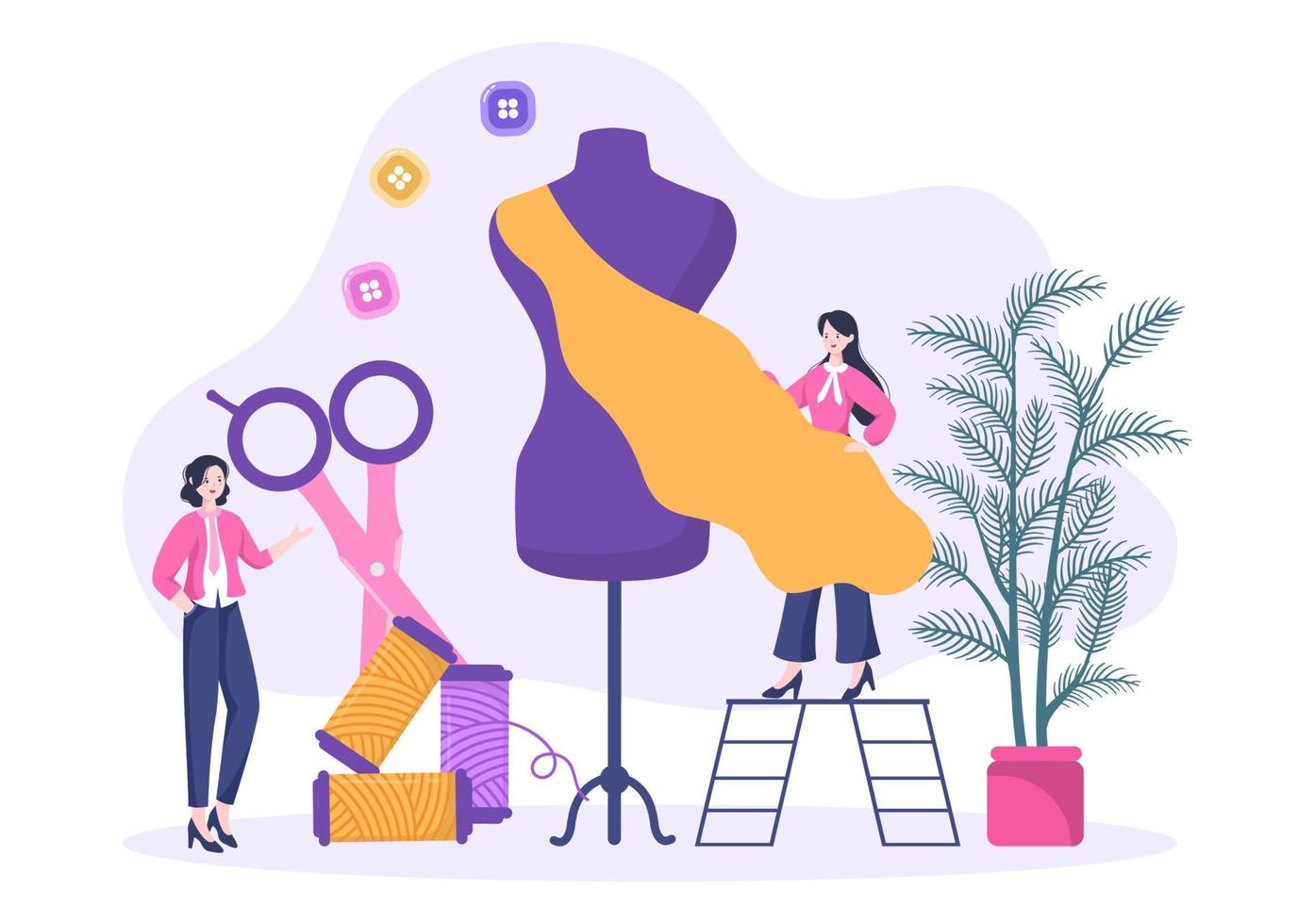 Tailor with Sewing, Cloth, Pincushion, Threads, Fashion Designer, Seamstress, Scissors and Measuring to Make Clothes in Flat Background Illustration vector