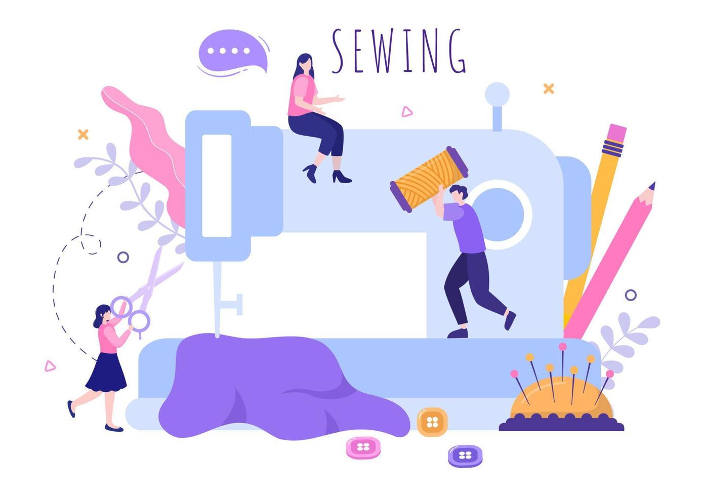 Tailor with Sewing, Cloth, Pincushion, Threads, Fashion Designer, Seamstress, Scissors and Measuring to Make Clothes in Flat Background Illustration vector