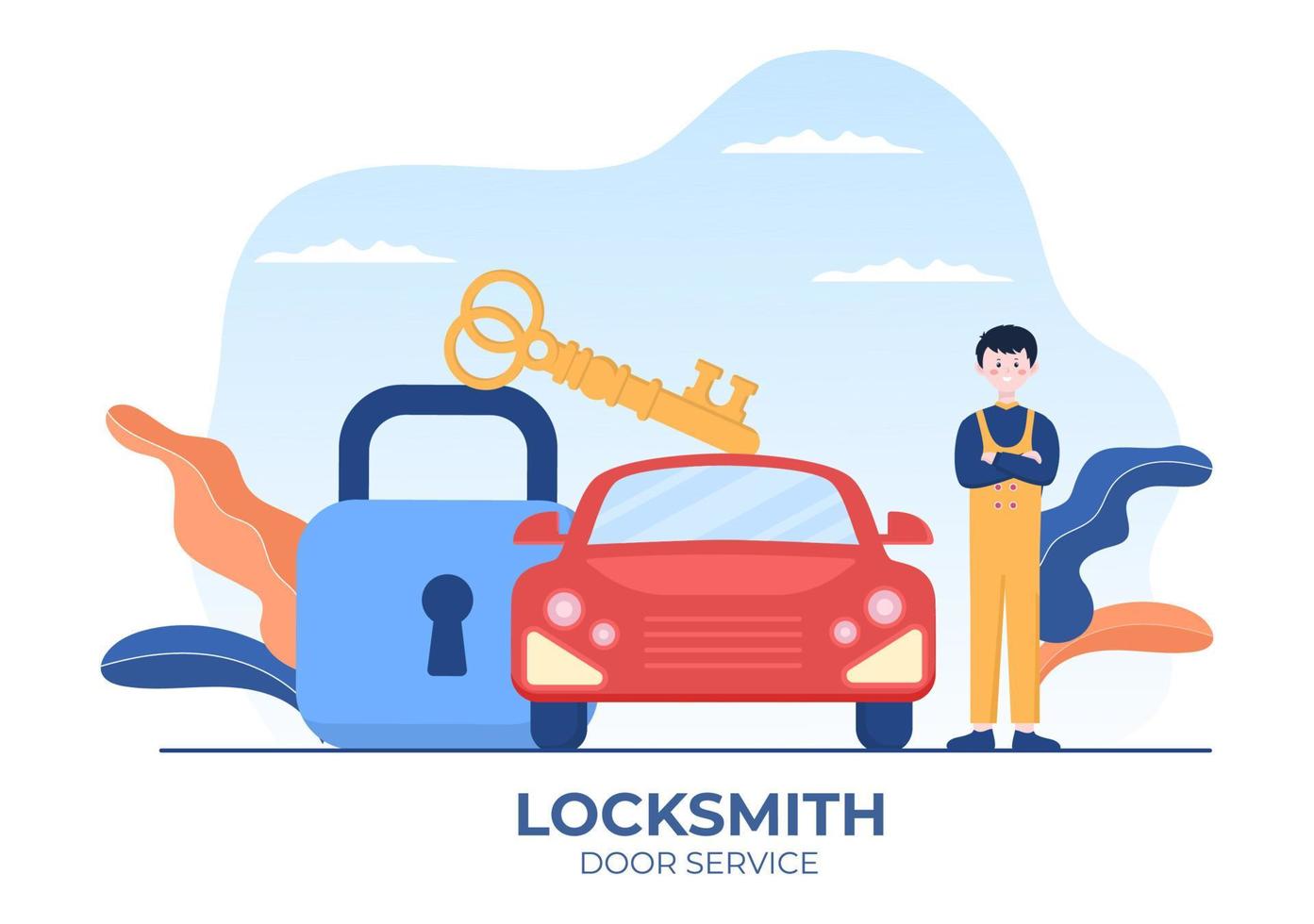 Locksmith Repairman Car Door Repair, Maintenance and Installation Service with Equipment as Screwdriver or Key in Flat Cartoon Background Illustration vector