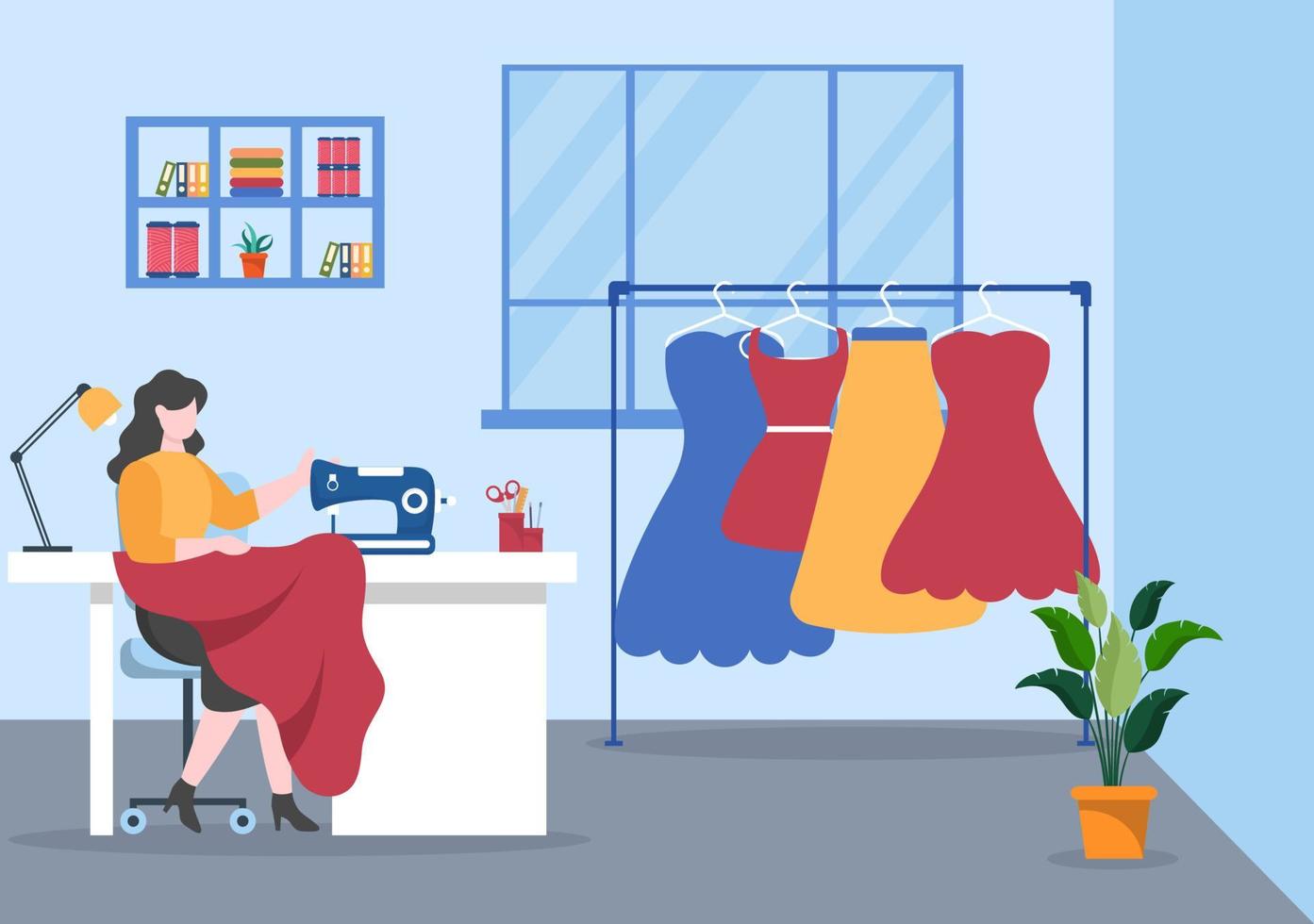 Tailor with Sewing, Cloth, Pincushion, Threads, Fashion Designer, Seamstress, Scissors and Measuring to Make Clothes in Flat Background Illustration vector