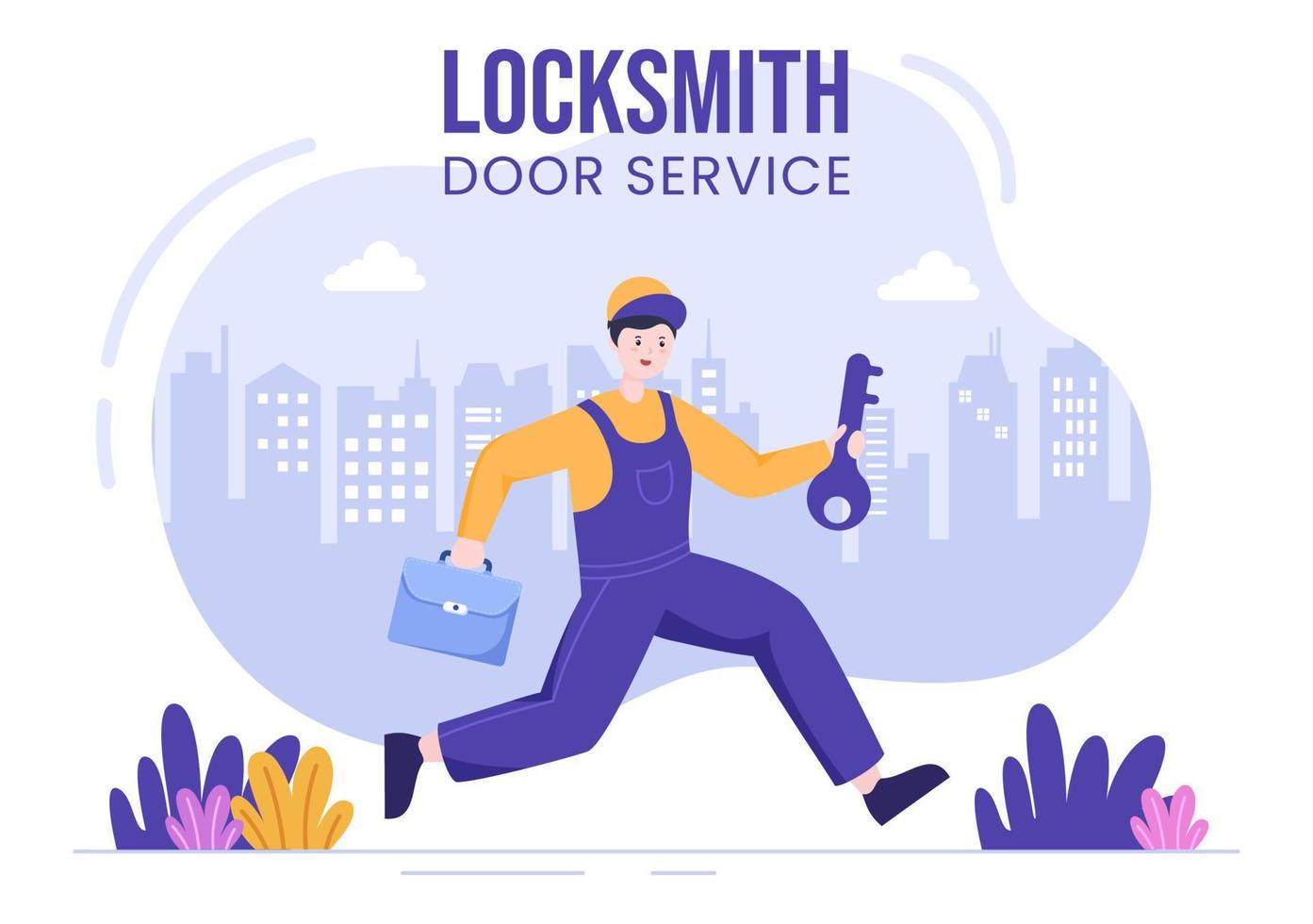 Locksmith Repairman Home Maintenance, Repair and Installation Service with Equipment as Screwdriver or Key in Flat Cartoon Background Illustration vector