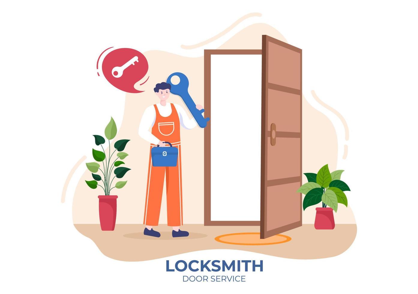 Locksmith Repairman Door Repair, Maintenance and Installation Service with Equipment as Screwdriver or Key in Flat Cartoon Background Illustration vector