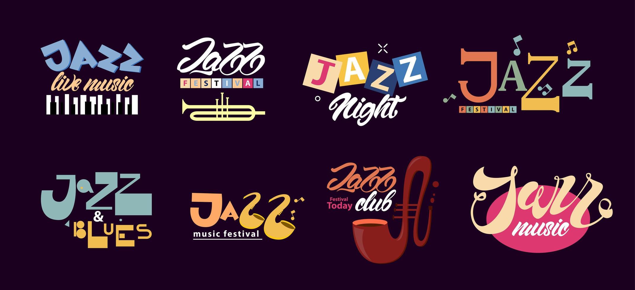 conjunto de logotipos o emblemas de jazz con instrumentos musicales vector