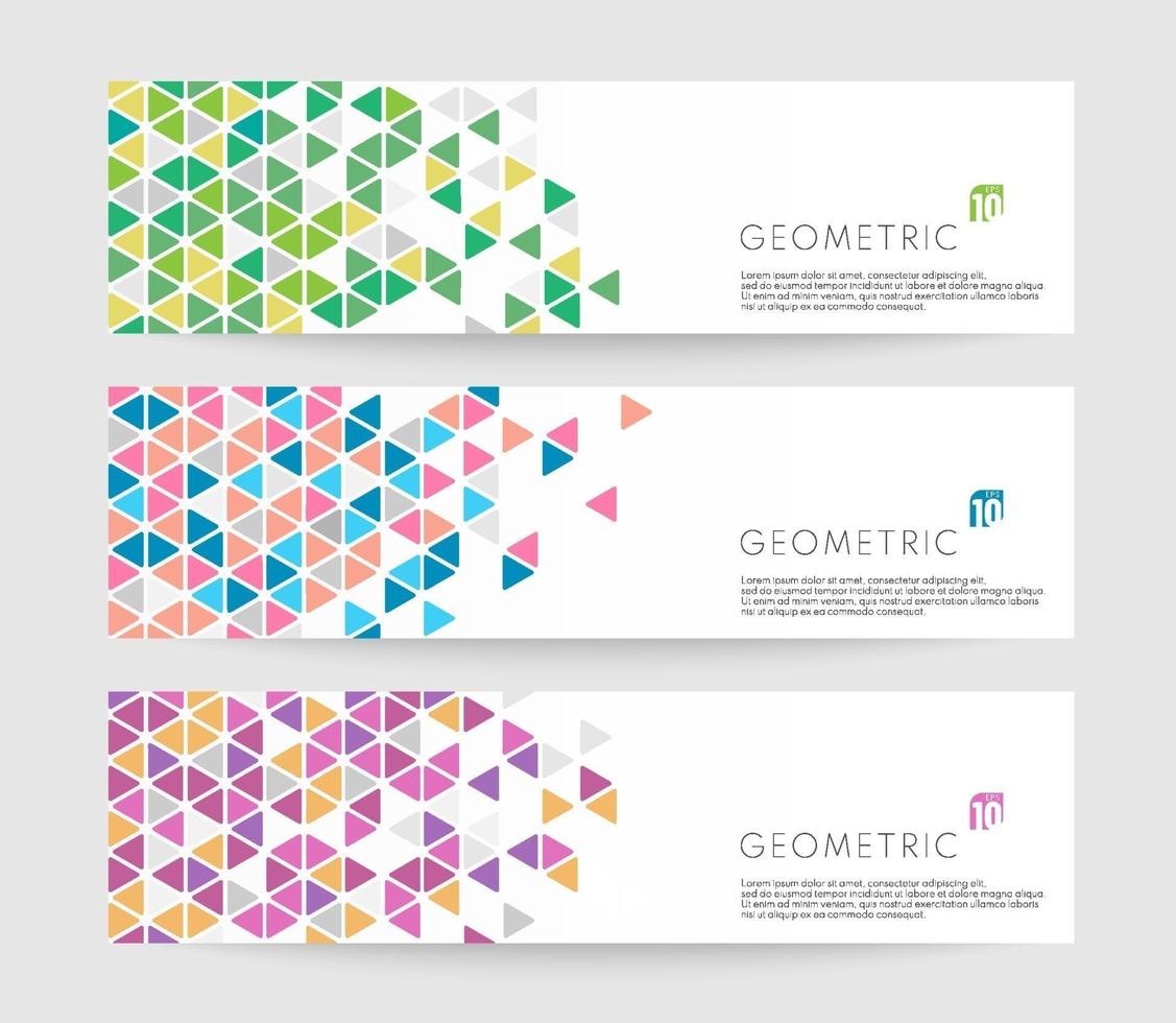 Set of white horizontal banners with colorful geometric triangular shapes pattern. Trendy color coupon template design collection. Design for banner web site elements. Vector illustrator