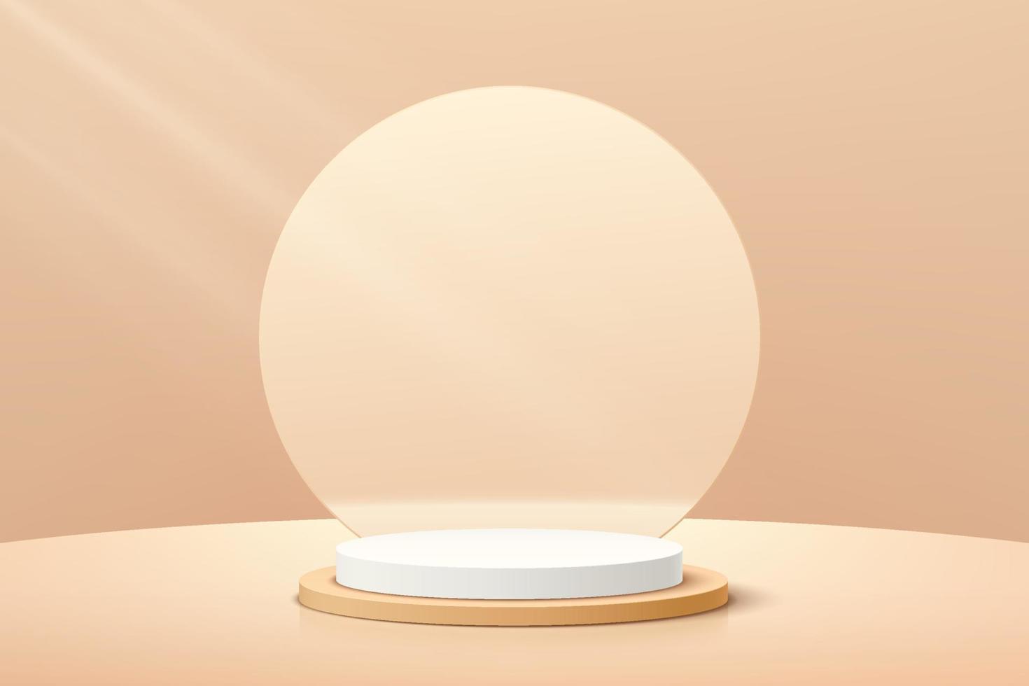 White, Light brown realistic geometric pedestal podium with transparent glass circle. Vector abstract studio room with 3D platform. Luxury minimal scene for products showcase, Promotion display.