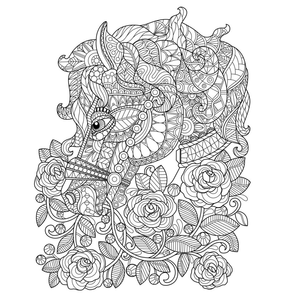 Horse and Flowers Colouring Book for Adult vector