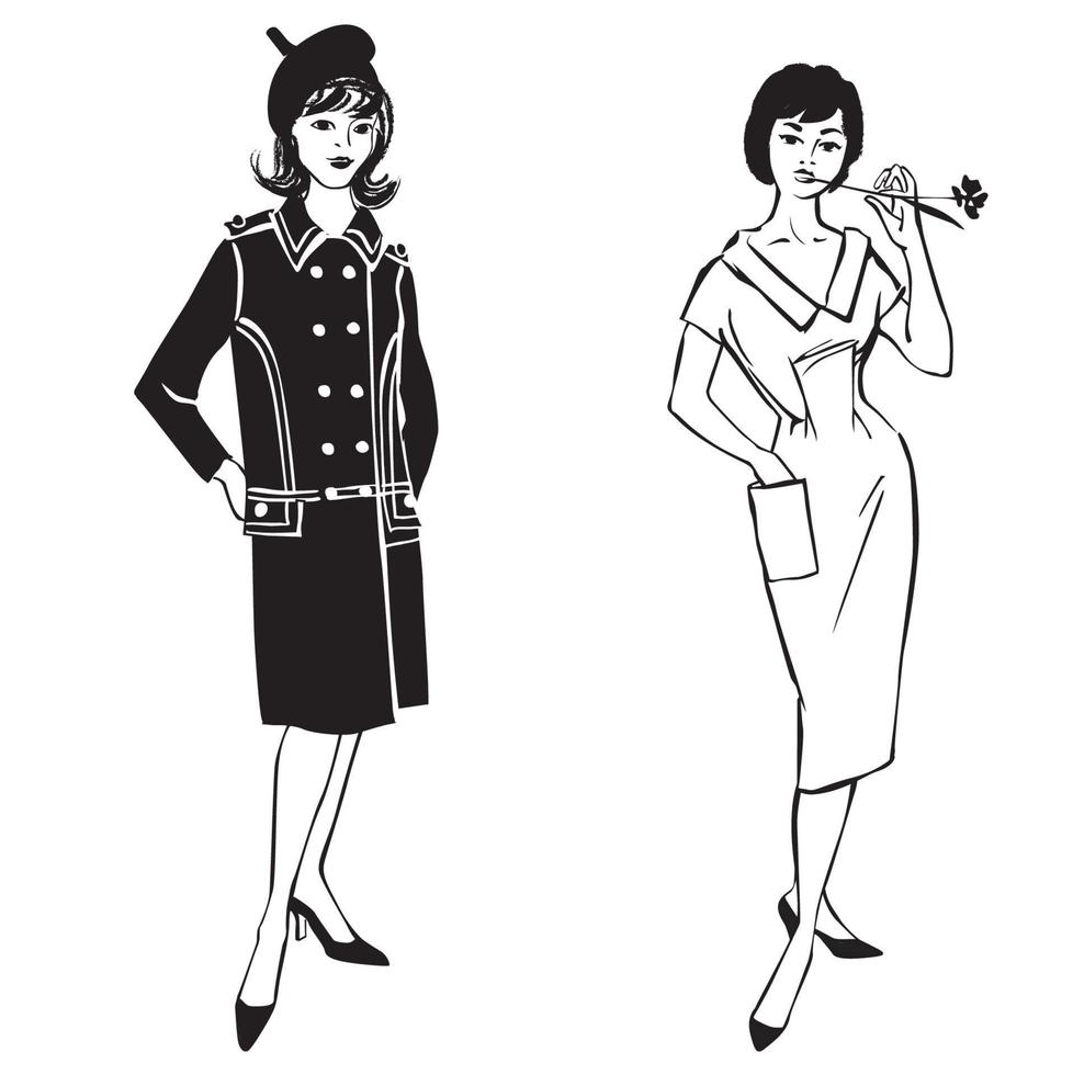 mujer de tela con estilo. conjunto de chica de moda fiesta de vestido retro estilo años 60 vector